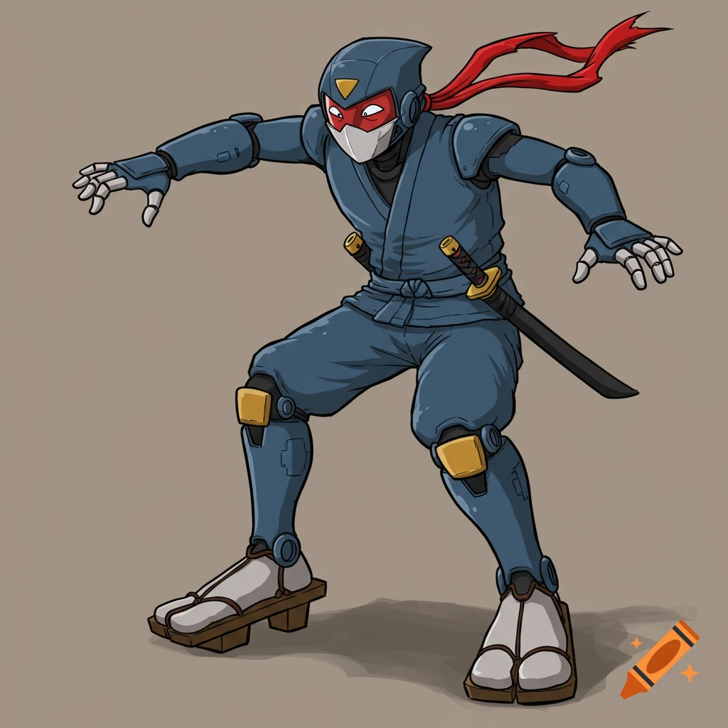 Cartoon robot ninja with red scarf and swords, wearing sandals.