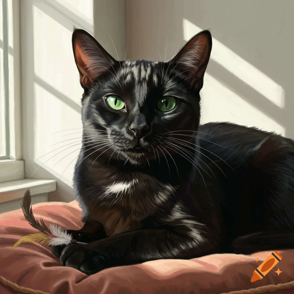 A black cat with green eyes lounging on a cushion with a feather toy by a sunny window.