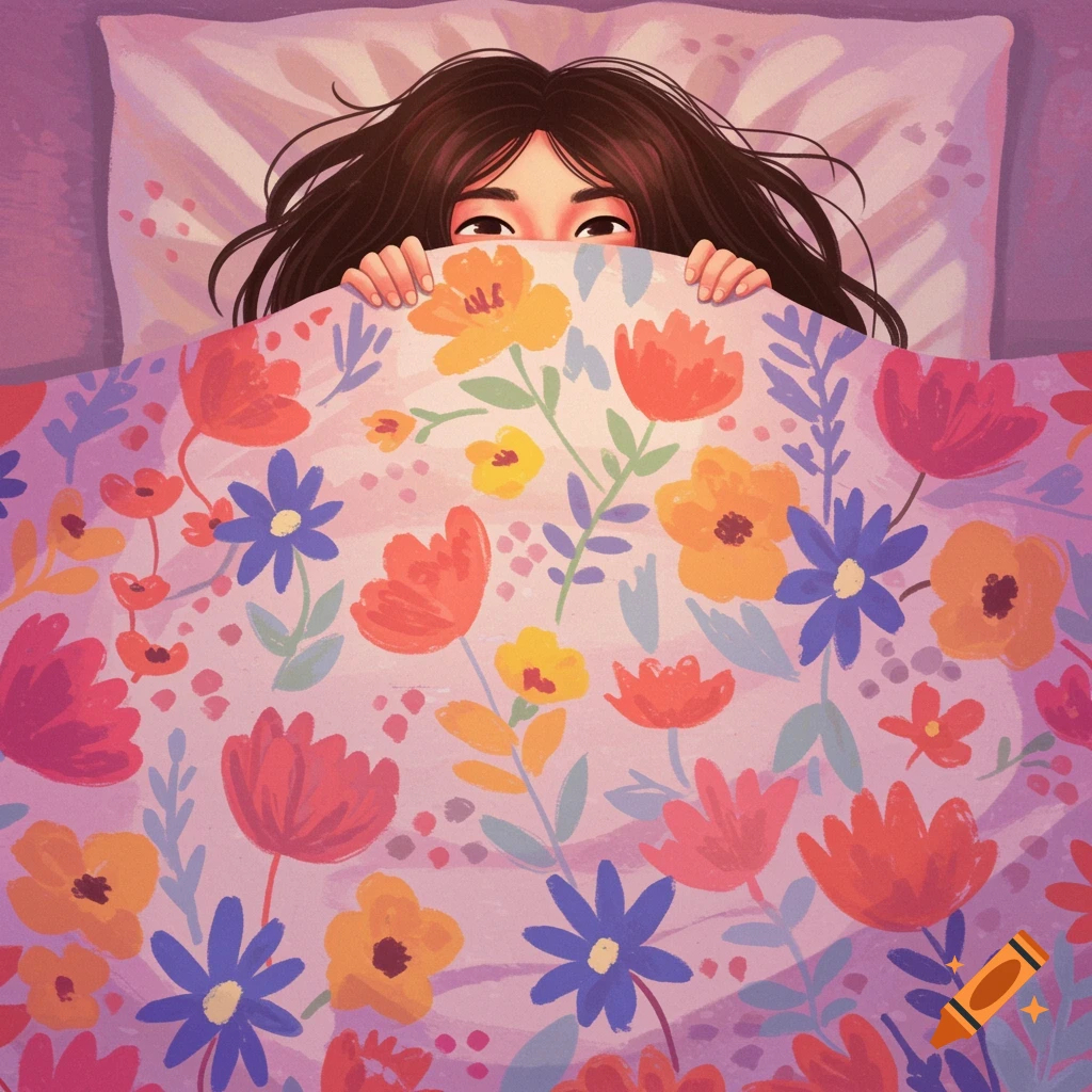 Whimsical illustration of a young girl peeking out from under a colorful floral blanket