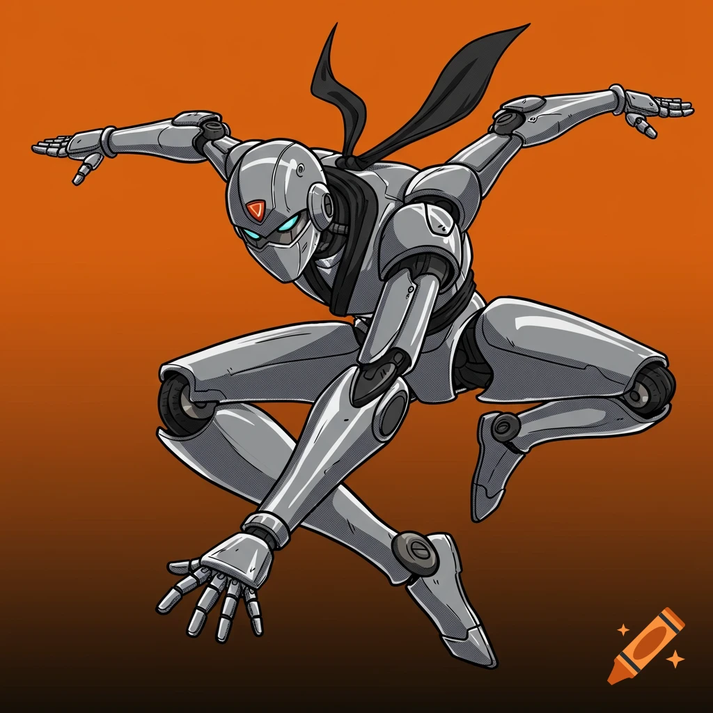 A sleek metallic robot ninja in a dynamic pose, depicted with retro anime aesthetics.