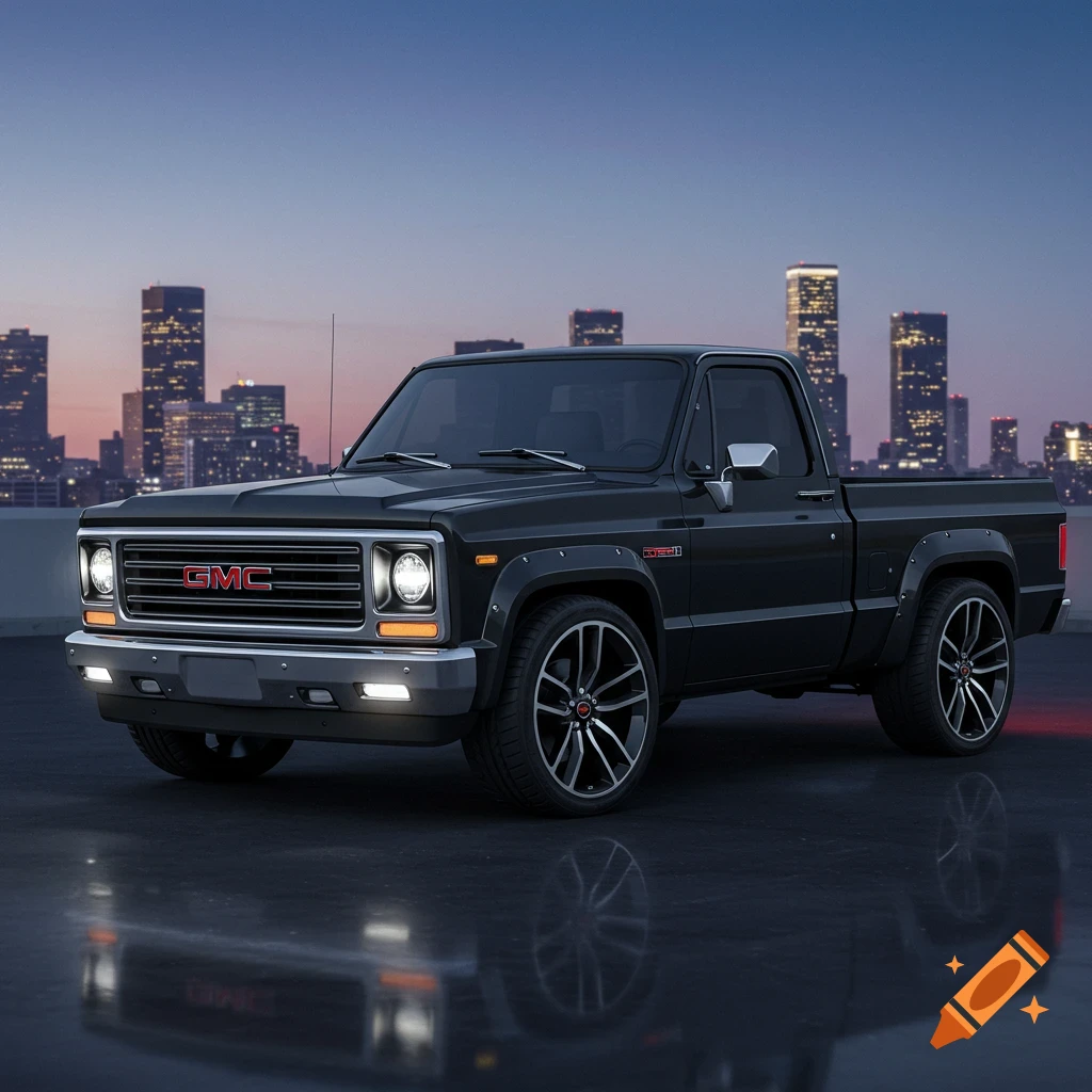 A black modern GMC square body pickup truck with custom wheels is parked against a city skyline at dusk.