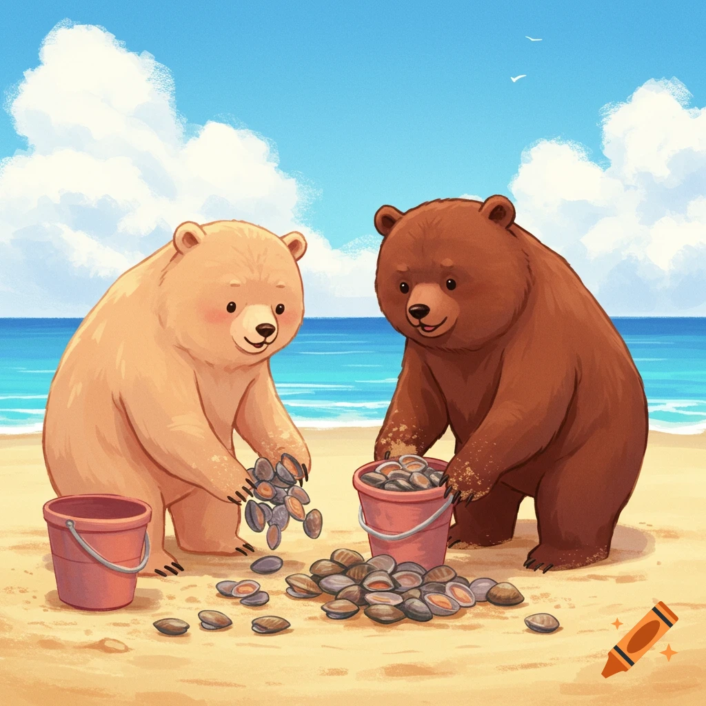 Two cartoon bears digging for clams on a beach.