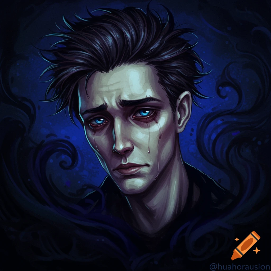 A sad person with blue eyes and tears is surrounded by dark swirls.