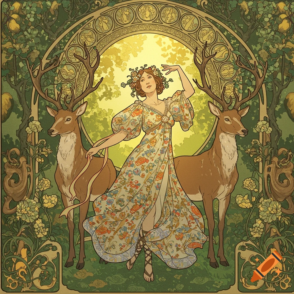 Art Nouveau illustration of a woman dancing between two deer in a forest.