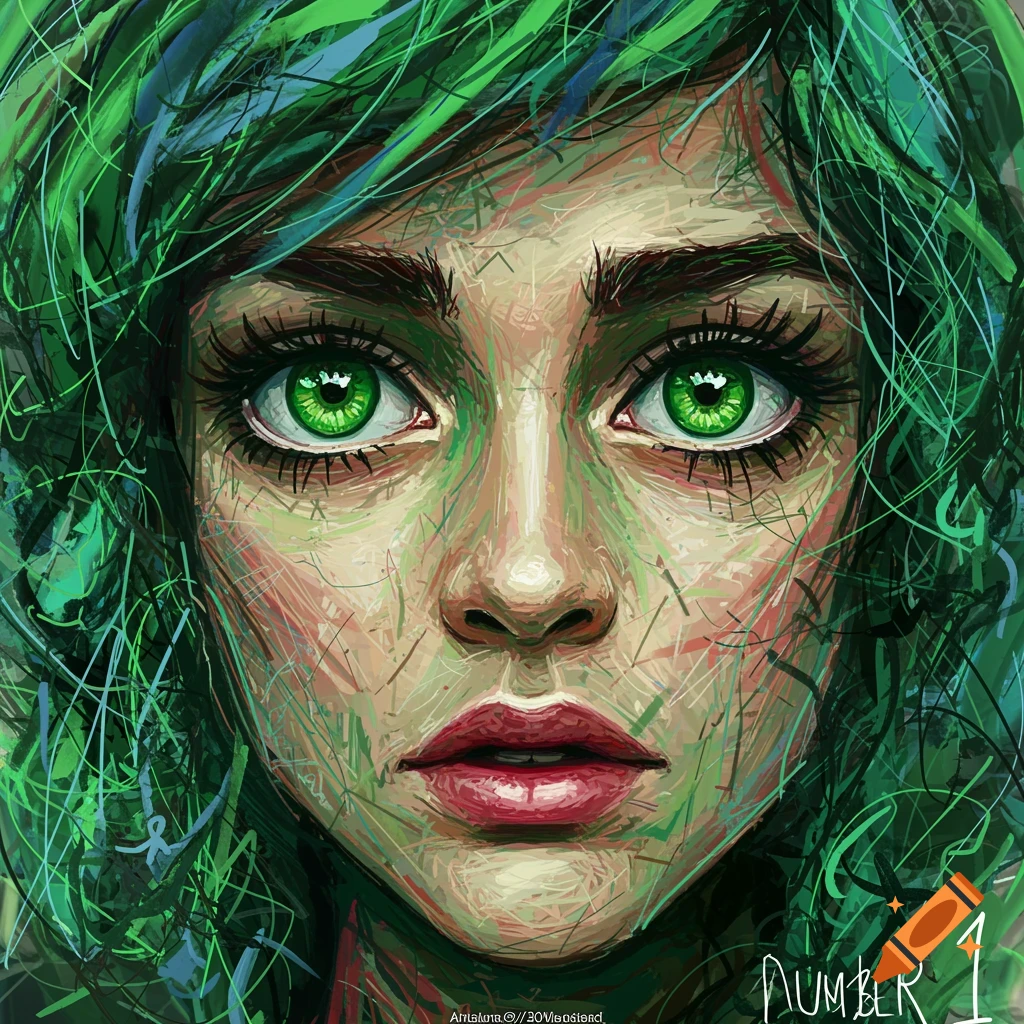 Stylized painting of a woman with vibrant green eyes and scribbled green hair, labeled "NUMBER 1".
