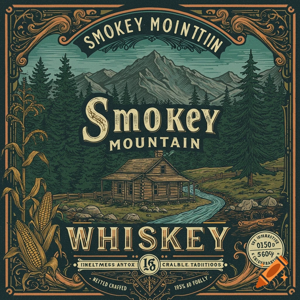 Vintage-style label for Smokey Mountain Whiskey with a cabin, river, mountains, and corn stalks.