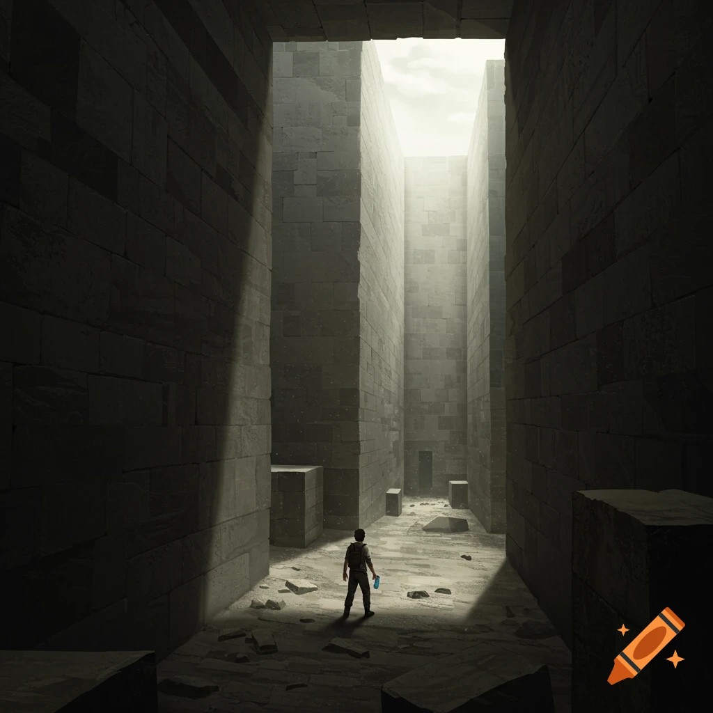 Person stands in vast, dark stone maze lit by light from above.