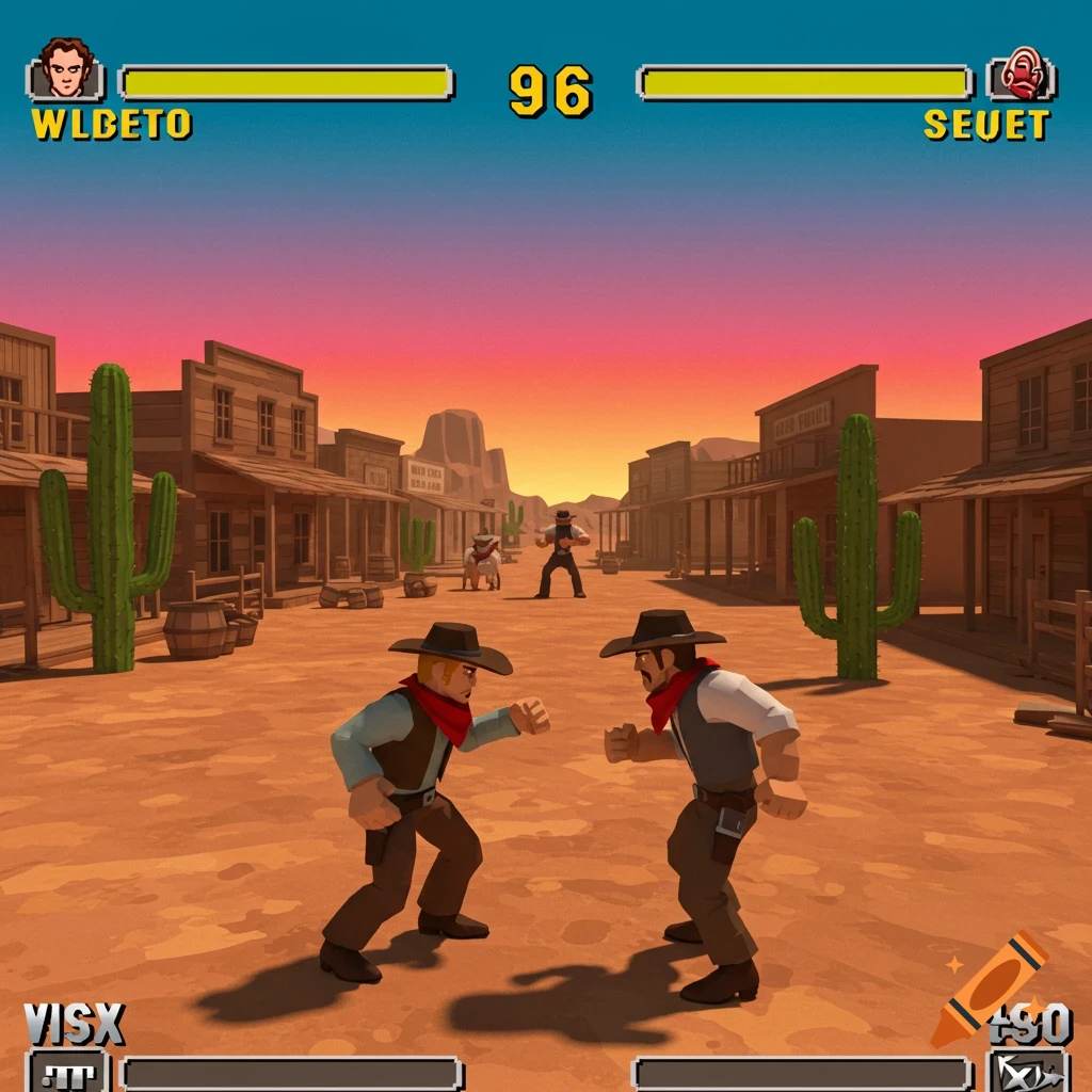 Low-polygon 3D fighting game set in the Wild West with cowboys battling on a town street at sunset.