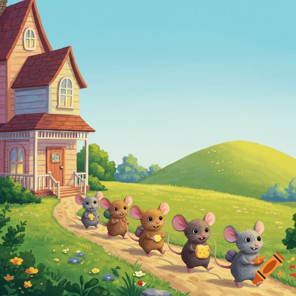 Five cartoon mice are walking along a path from a house towards a grassy hill.