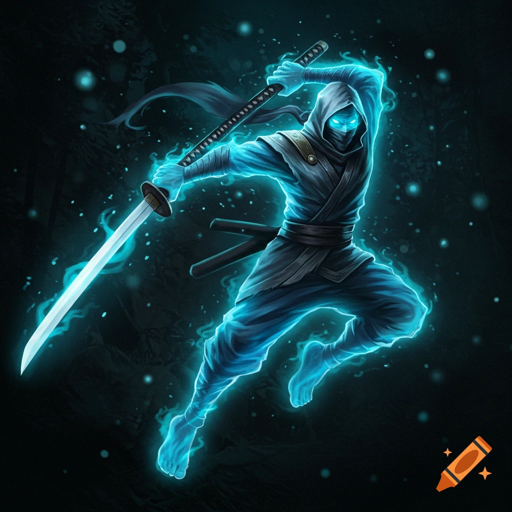 A glowing blue spectral ninja leaping with a sword