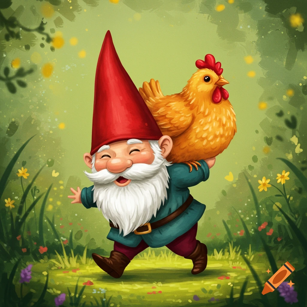 A cheerful gnome carries a chicken through a garden.