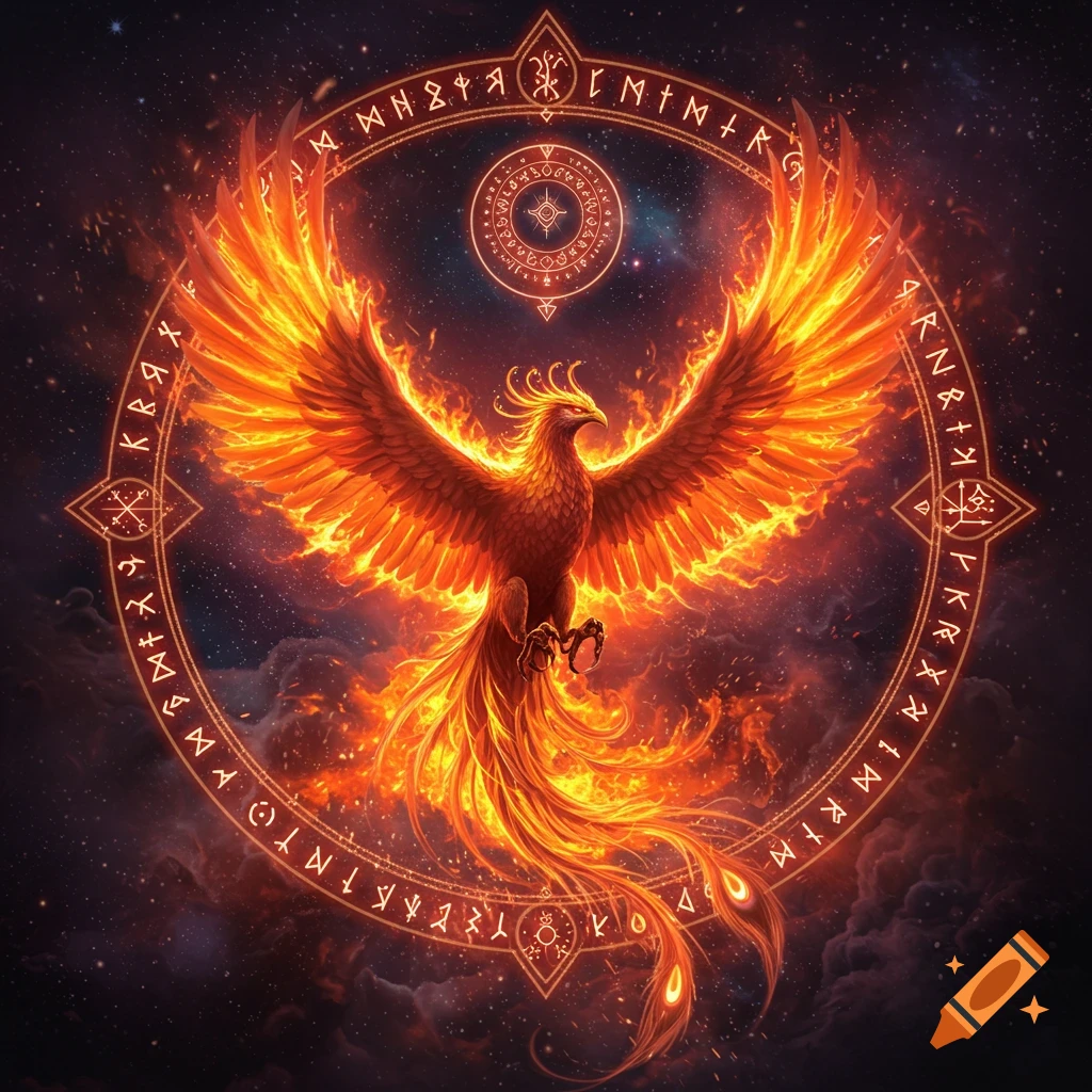 Fiery phoenix with wings spread within a glowing runic circle against a cosmic background.