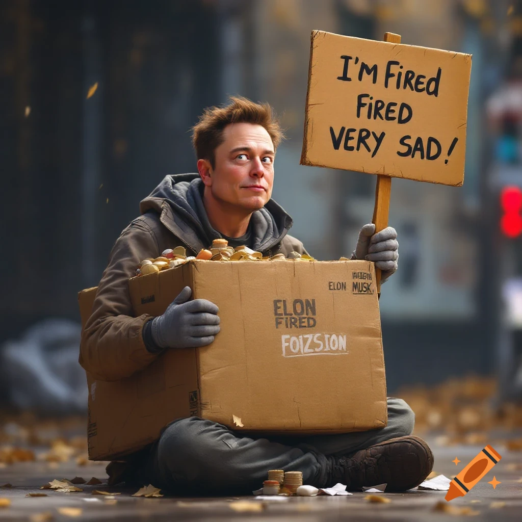 A person resembling Elon Musk sits on a street with a cardboard box and a sign saying 'I'M Fired FIRED VERY SAD!'