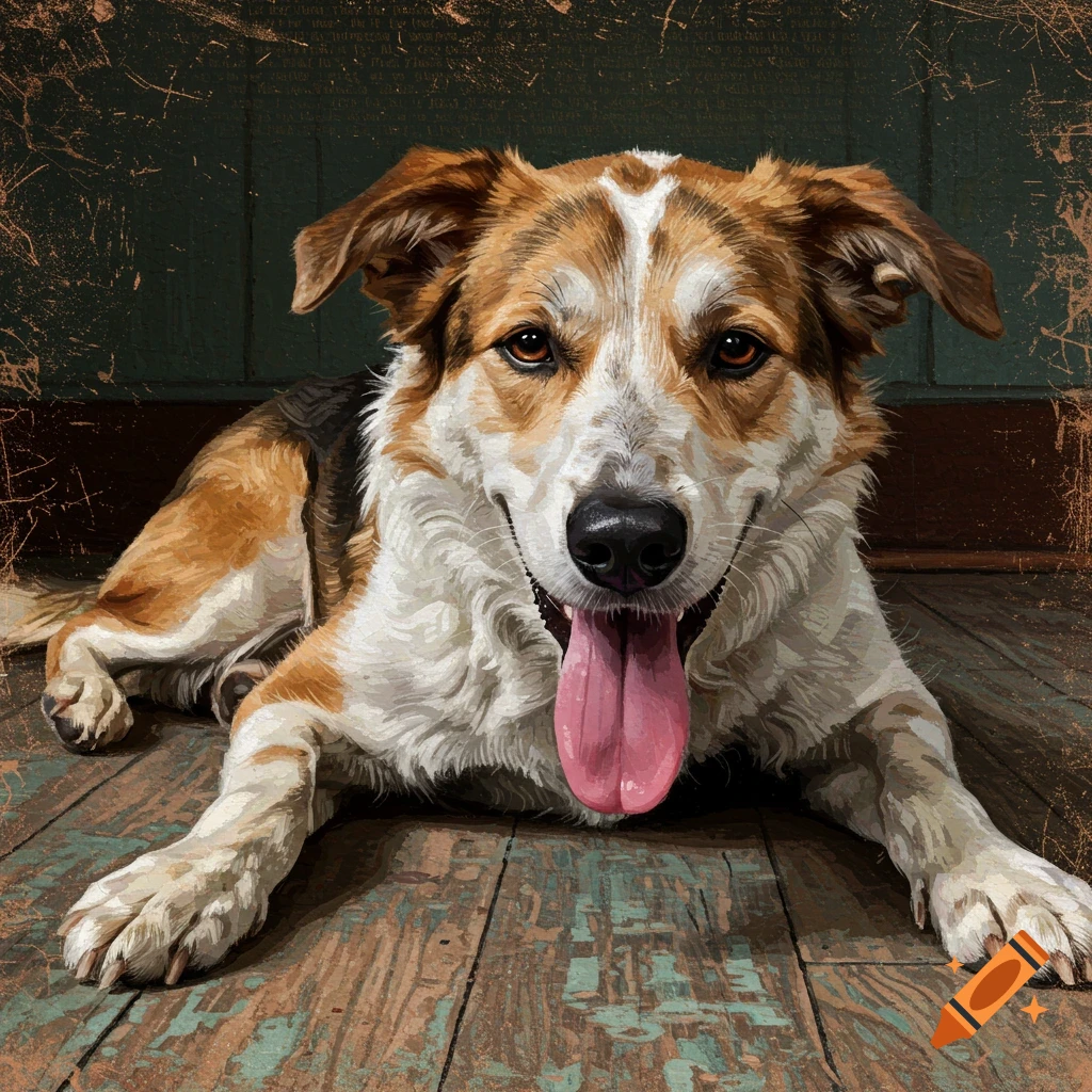 A happy dog lying on a wooden floor with its tongue out.