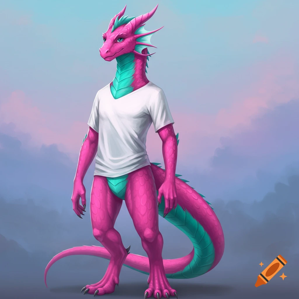 Pink and teal humanoid dragon in a white shirt and teal briefs.