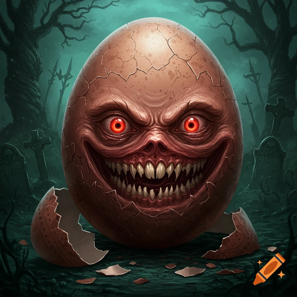A horror-themed egg with a monstrous face sits in a spooky graveyard.