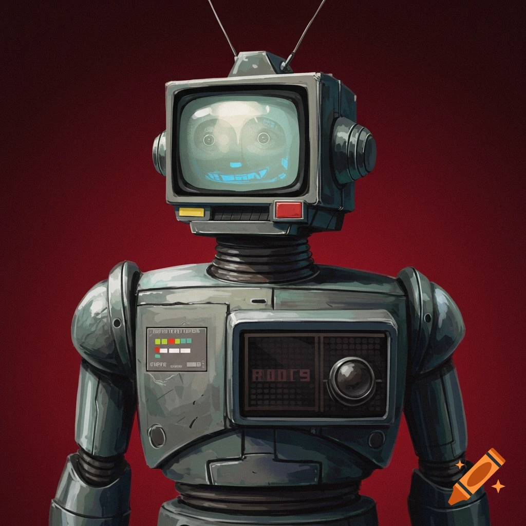 A retro robot with a television screen head stands against a red background.