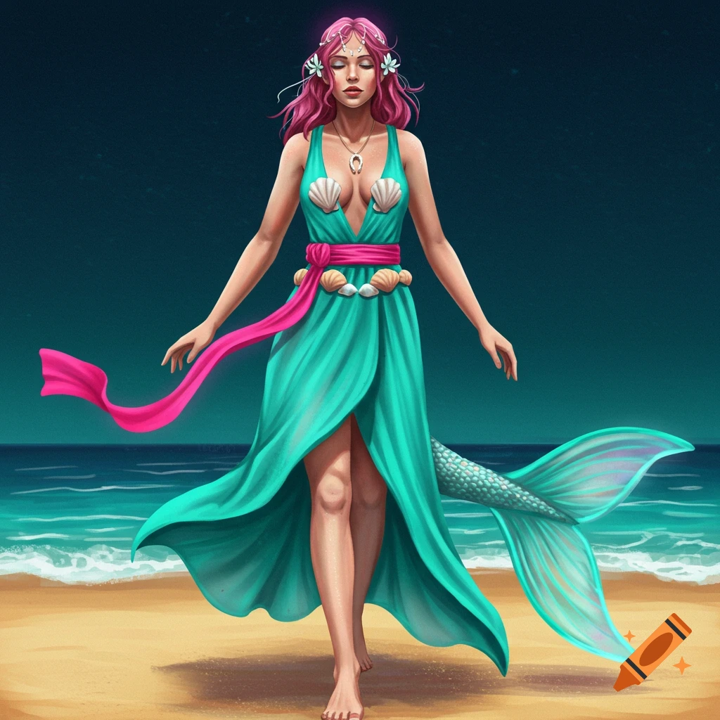 A person with pink hair and a mermaid tail, wearing a turquoise dress on a beach at night.