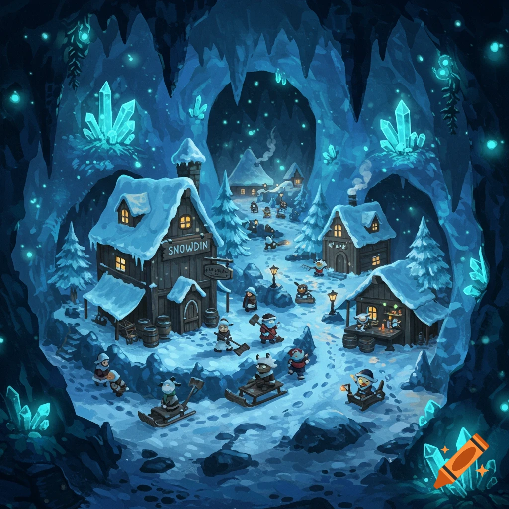 A snowy town in a cave with small figures