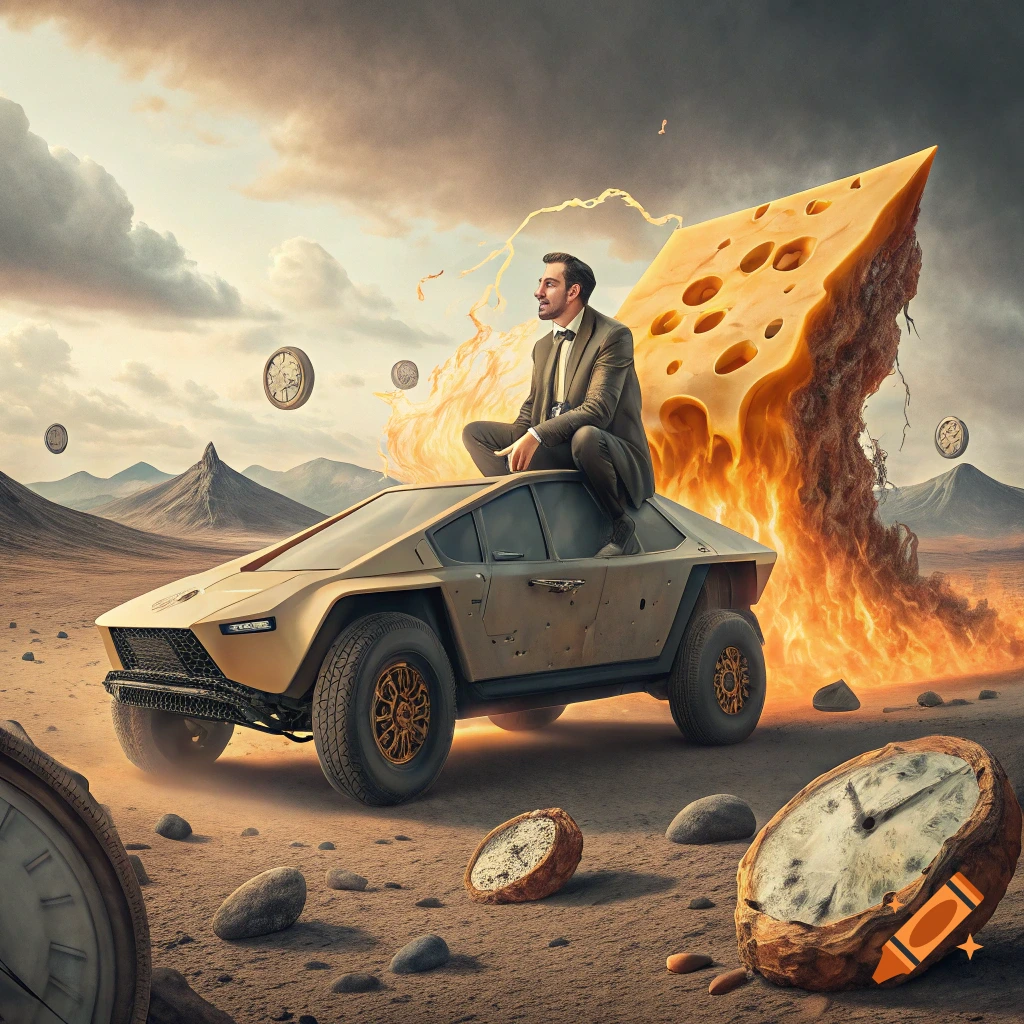 Surreal desert scene with a man sitting on a Cybertruck as giant melting cheese burns and melting clocks float.