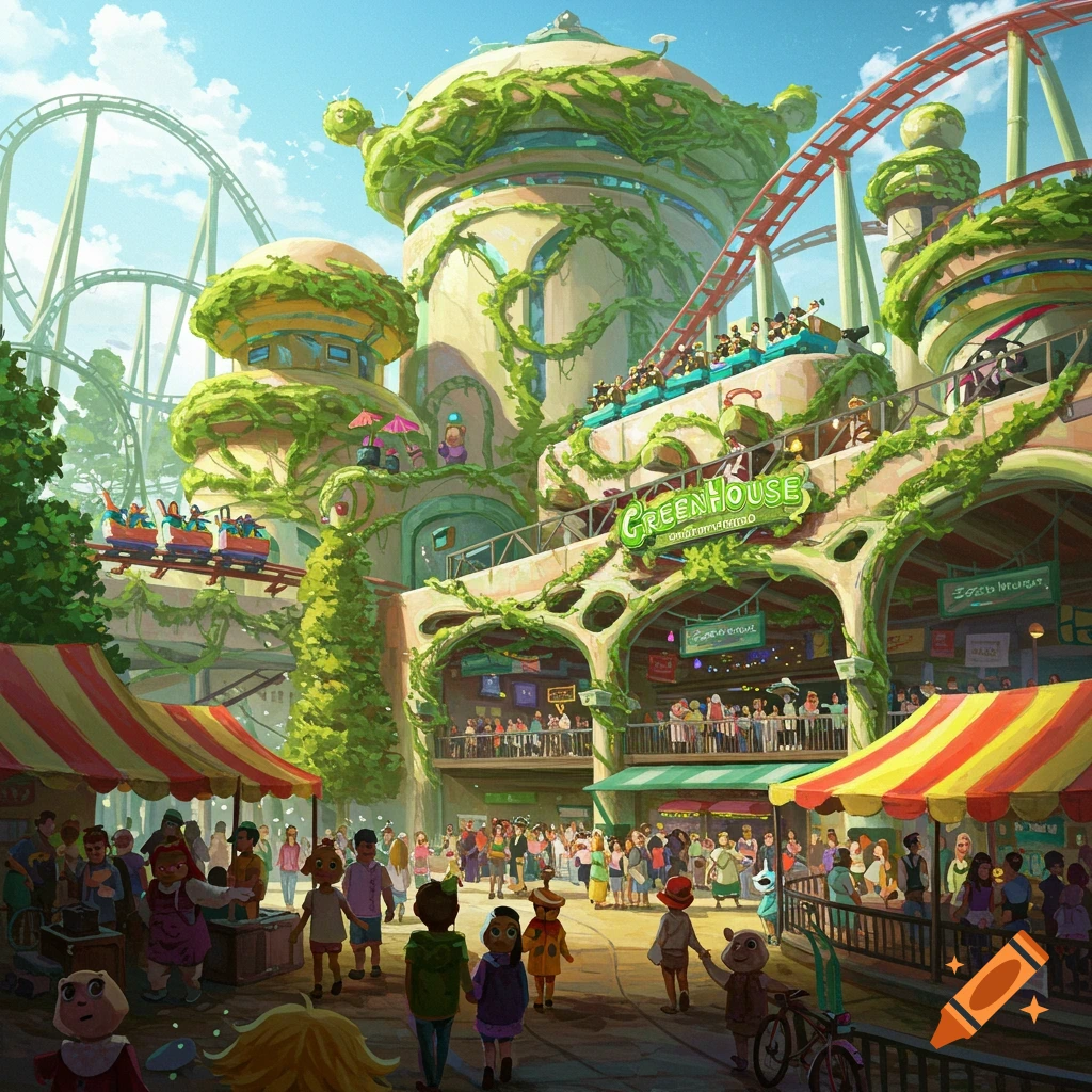 A busy amusement park with a rollercoaster winding around vine-covered buildings.