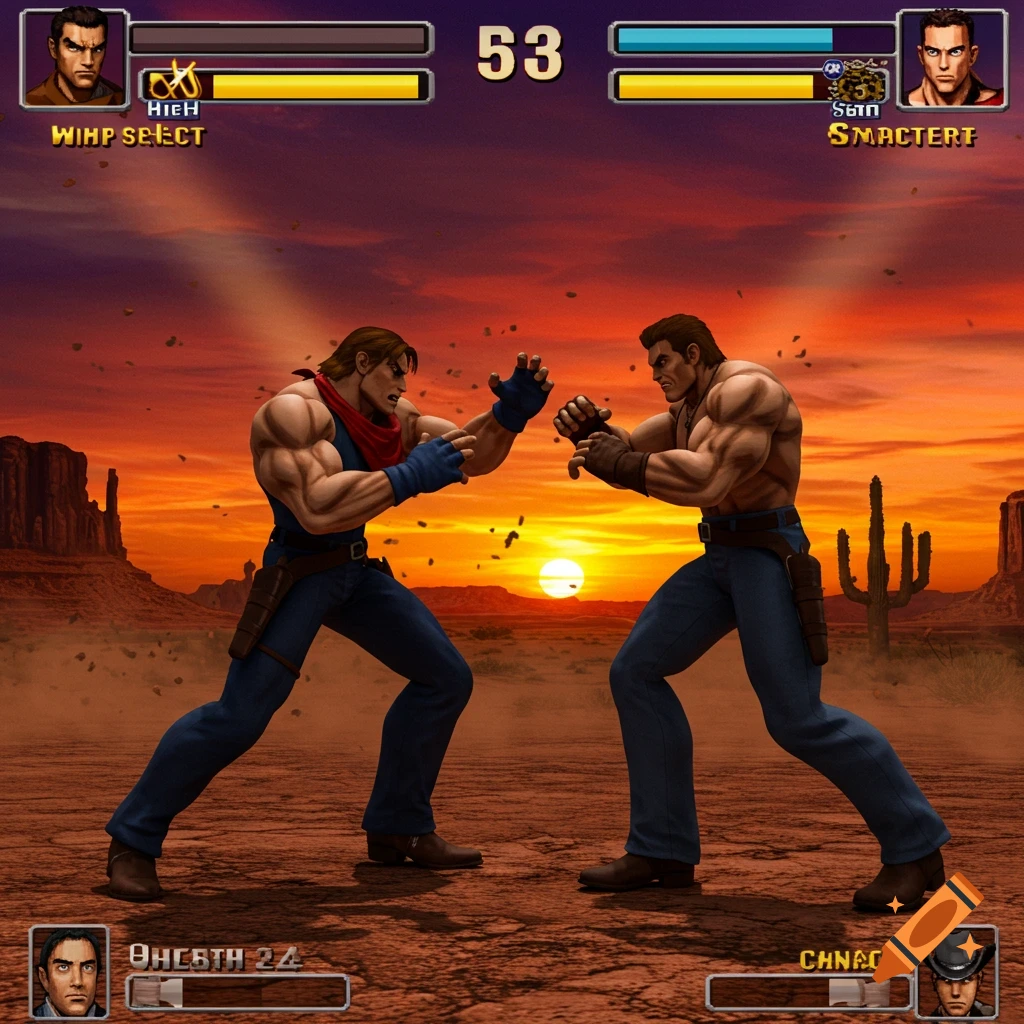 Two muscular men fight in a PS2-style 3D fighting game screenshot set in a wild west desert at sunset.
