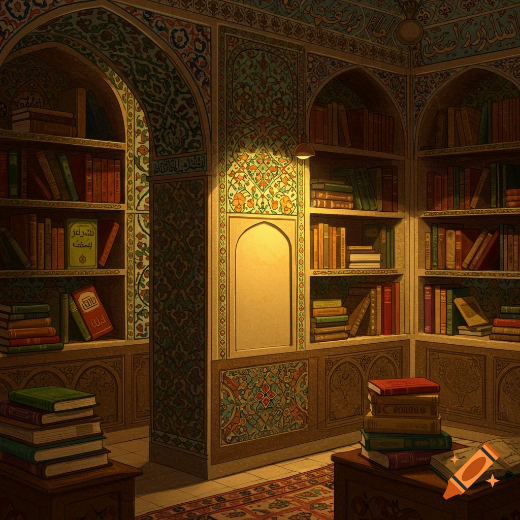 Detailed image of a bookstore room with intricate patterns, arches, and bookshelves filled with books.