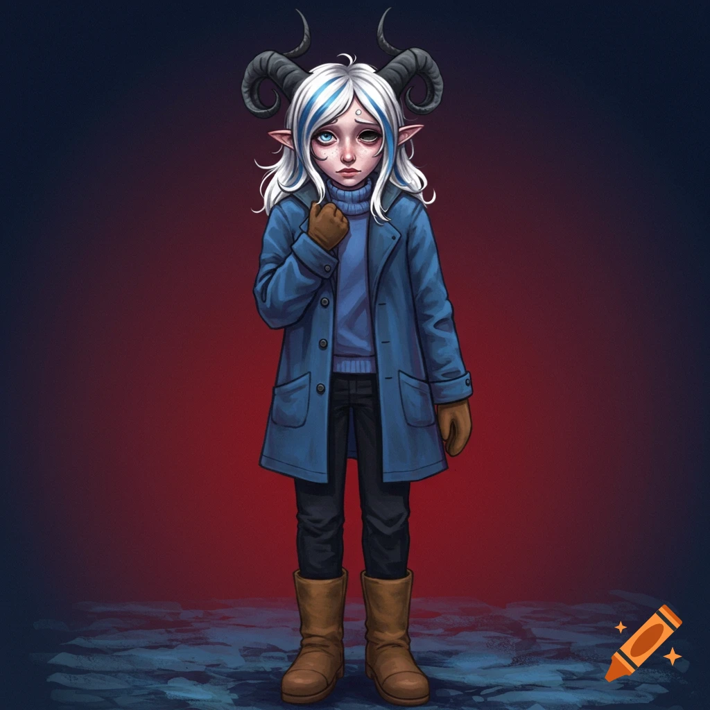 A shy fantasy character with horns, white hair, heterochromia, wearing a blue coat.