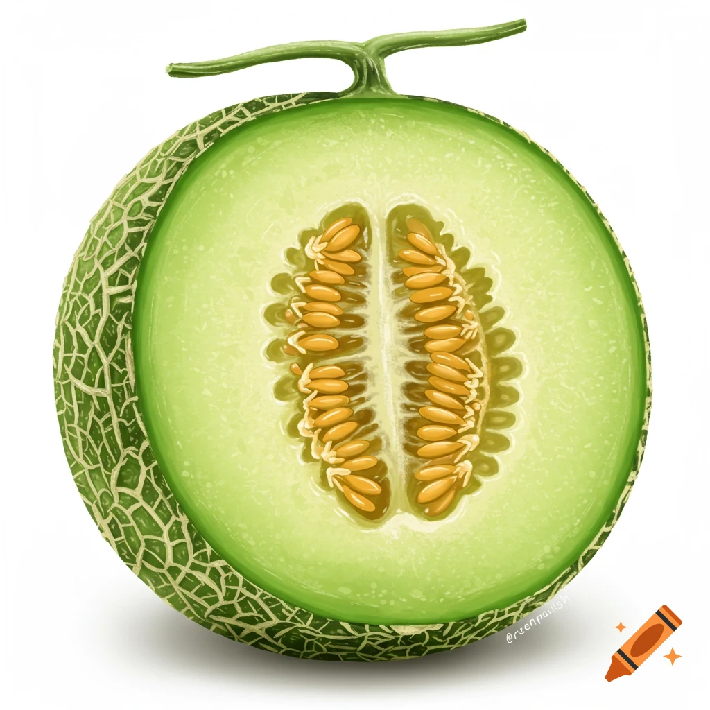 A cantaloupe or honeydew melon cut in half, showing the green rind, light green flesh, and orange seeds.