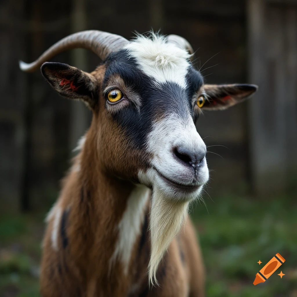 Close-up photorealistic portrait of a brown, black, and white goat with yellow eyes and a white beard.