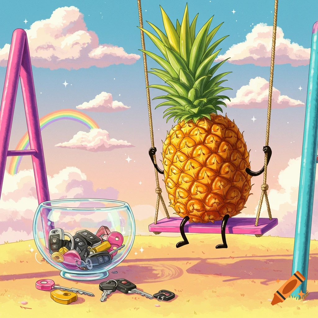 Cartoon pineapple on a swing set next to a glass bowl of car keys with a rainbow.