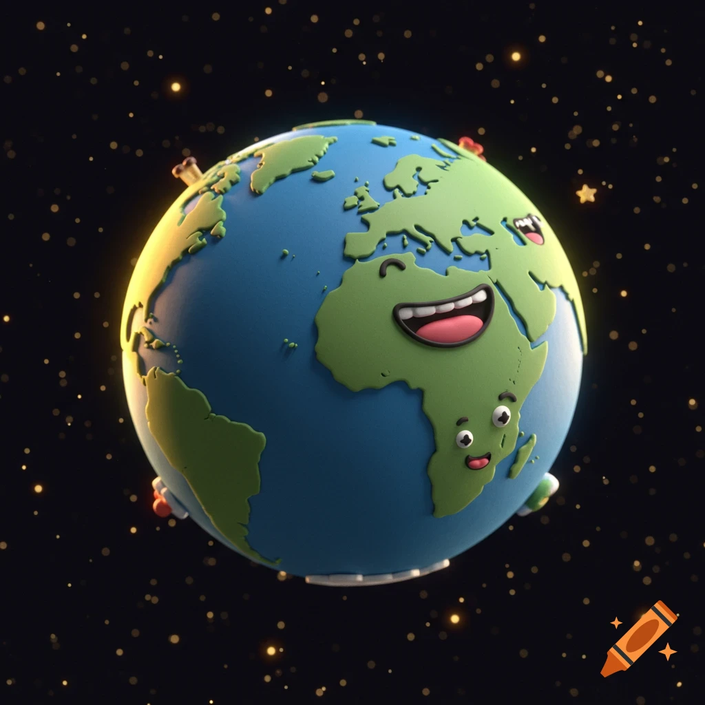 A 3D cartoon rendering of the Earth with smiling faces on its continents, floating in space with stars.