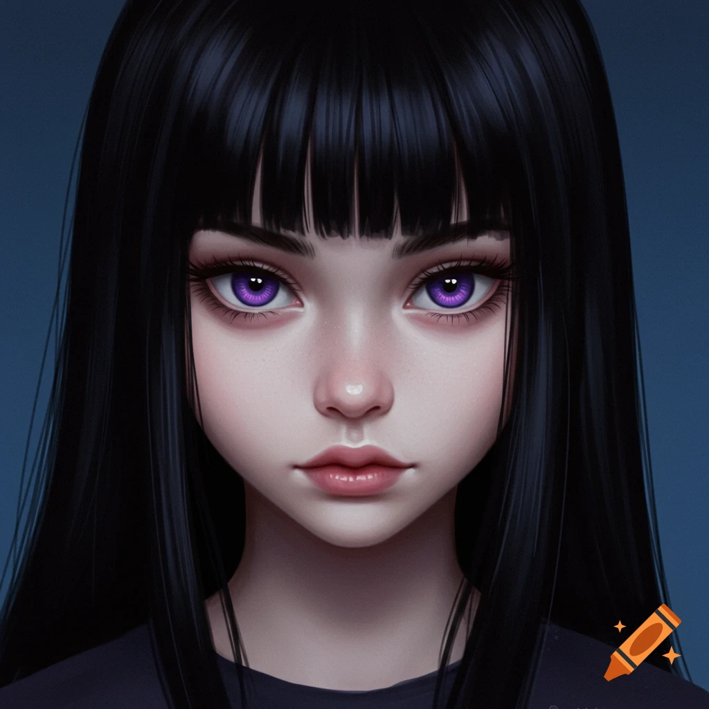 Close-up of a girl with long black hair, bangs, and purple eyes