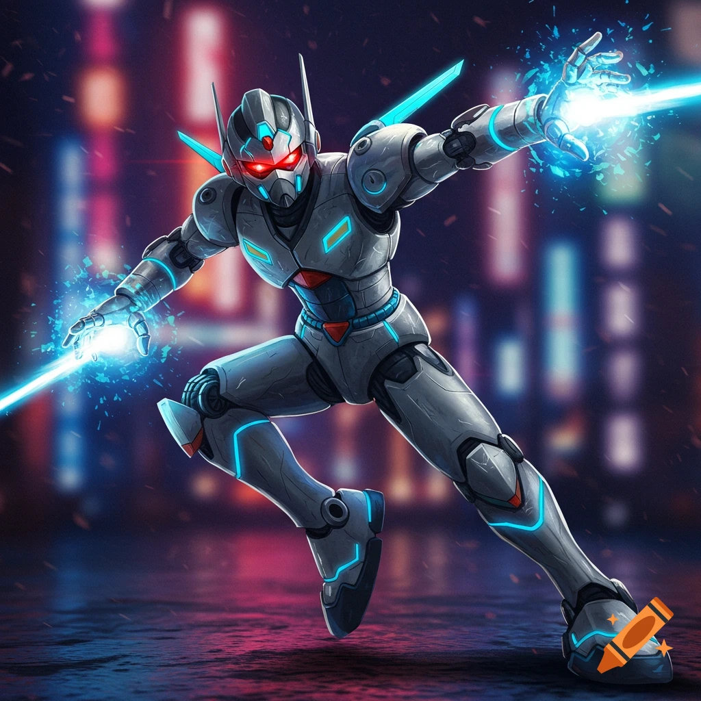 An anime-inspired robot in an action pose with glowing energy in a futuristic city street.