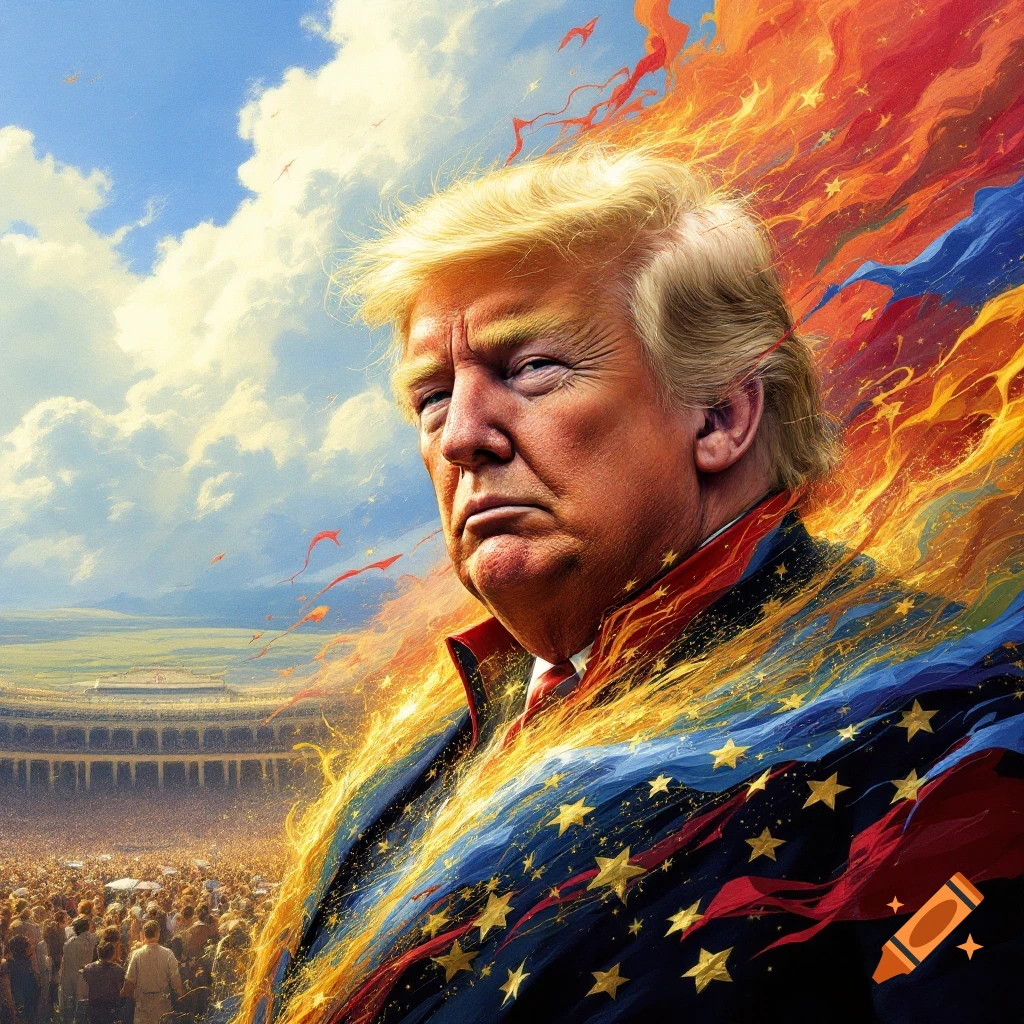Stylized portrait of Donald Trump emerging from a large crowd in a stadium, surrounded by patriotic colors and stars.
