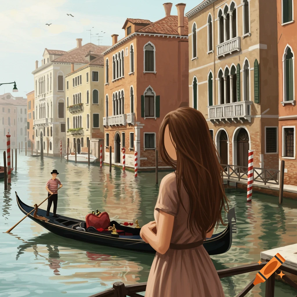 A faceless woman watches a gondola in Venice