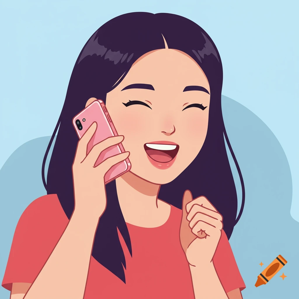 A happy woman talks on a pink phone, depicted in a flat animation style.