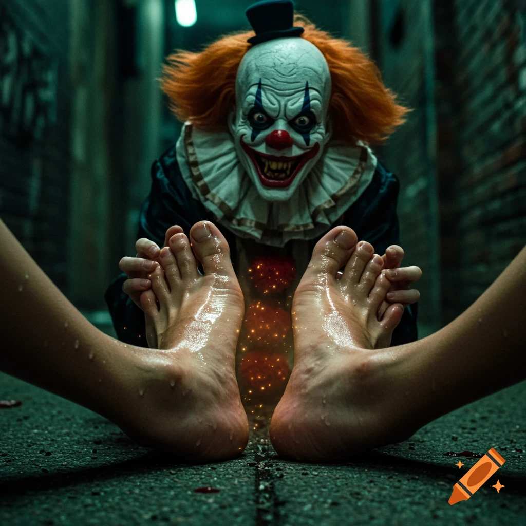 A terrifying clown looming over a pair of large, wet feet transforming in a dark alley, horror movie style.