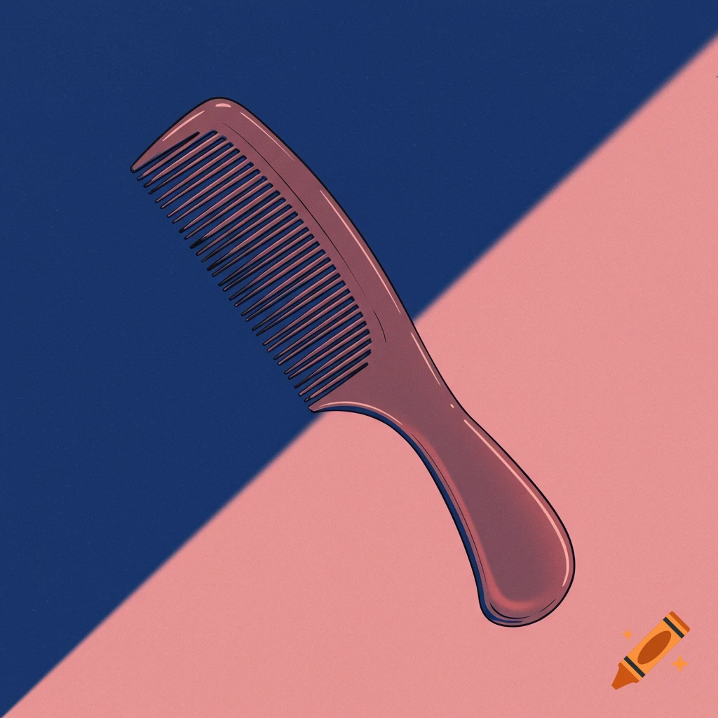A pink comb with a handle on a split blue and pink background.
