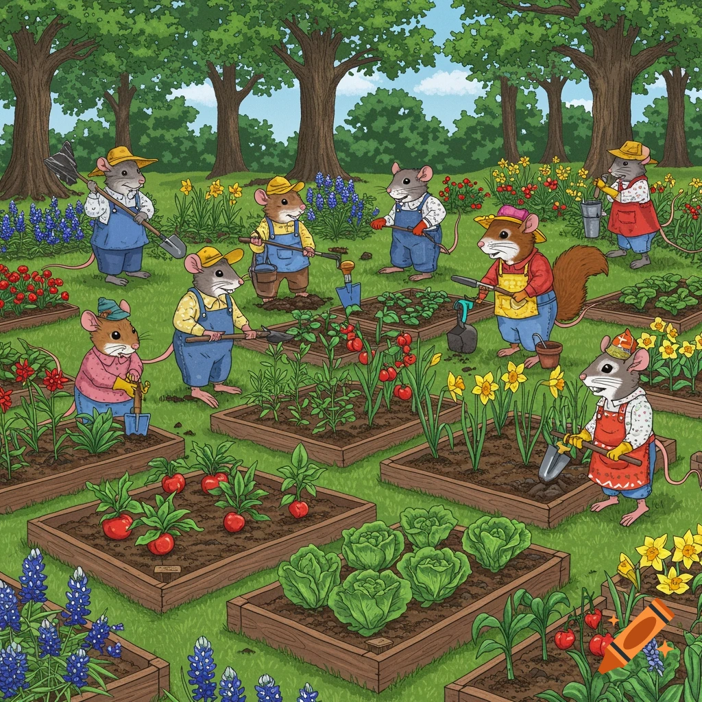 Whimsical cartoon illustration of diverse rodents, including mice, rats, and a squirrel, planting a colorful spring garden.
