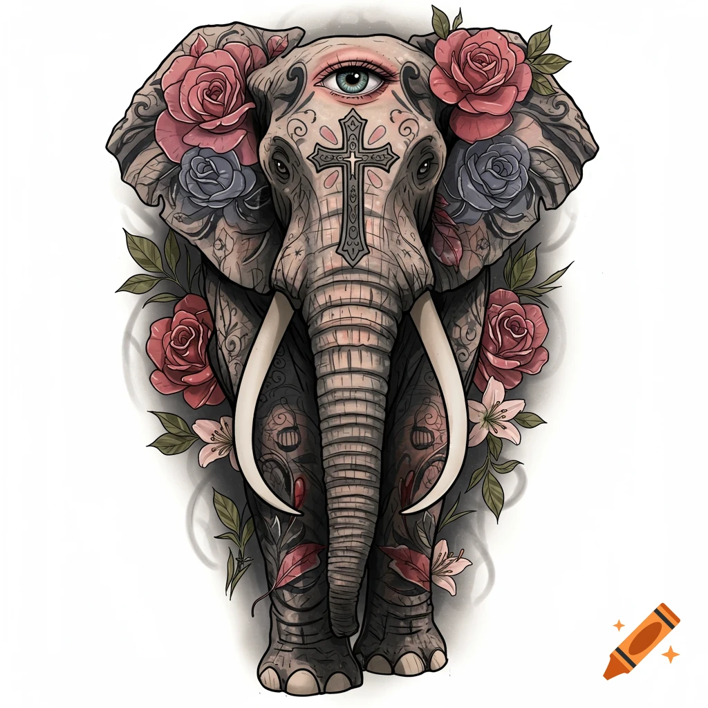 Tattoo style illustration of an elephant with a cross on its head, a human eye, and flowers.