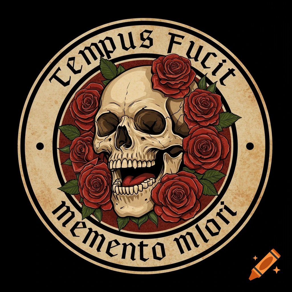 Vintage illustration of a skull with red roses in a circle with text 'Tempus Fugit Memento Mlori'.
