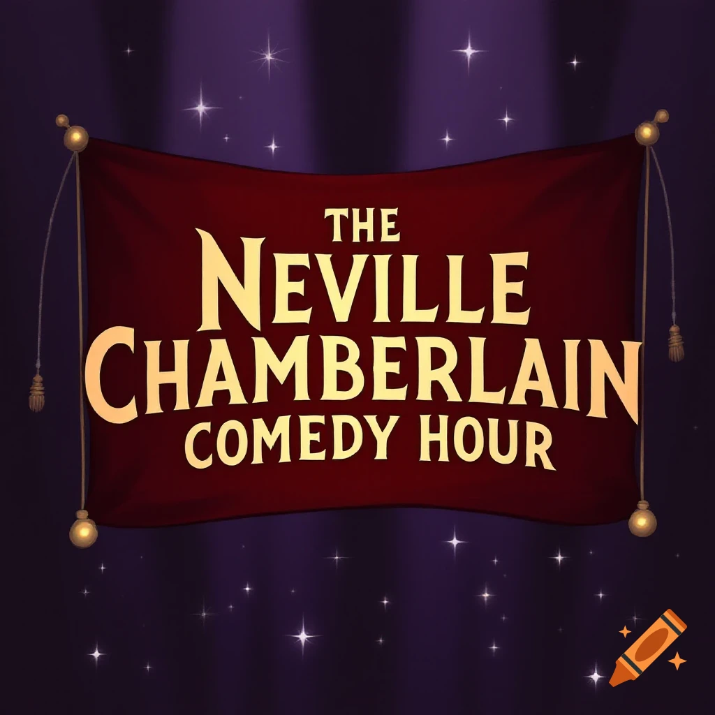 A theatrical banner reading 'THE NEVILLE CHAMBERLAIN COMEDY HOUR' hangs on a purple background with sparkling lights.