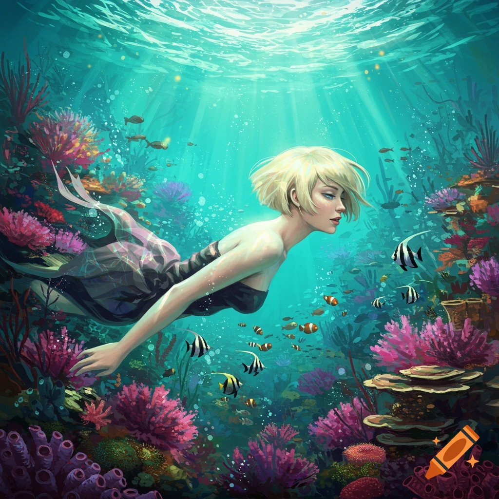 A blonde woman swims in a vibrant coral reef with fish.
