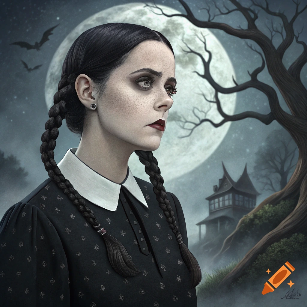 A portrait of a person resembling Wednesday Addams with braided pigtails, standing in a spooky landscape under a full moon.