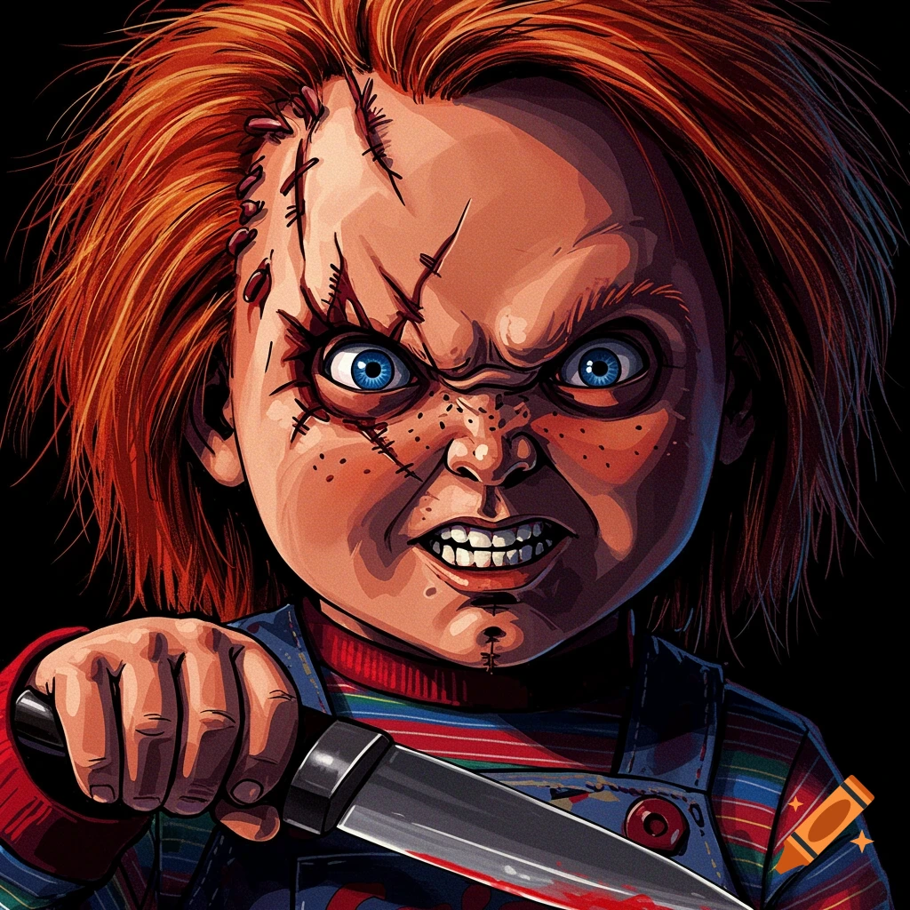 80s anime close-up of an angry Chucky holding a bloody knife.