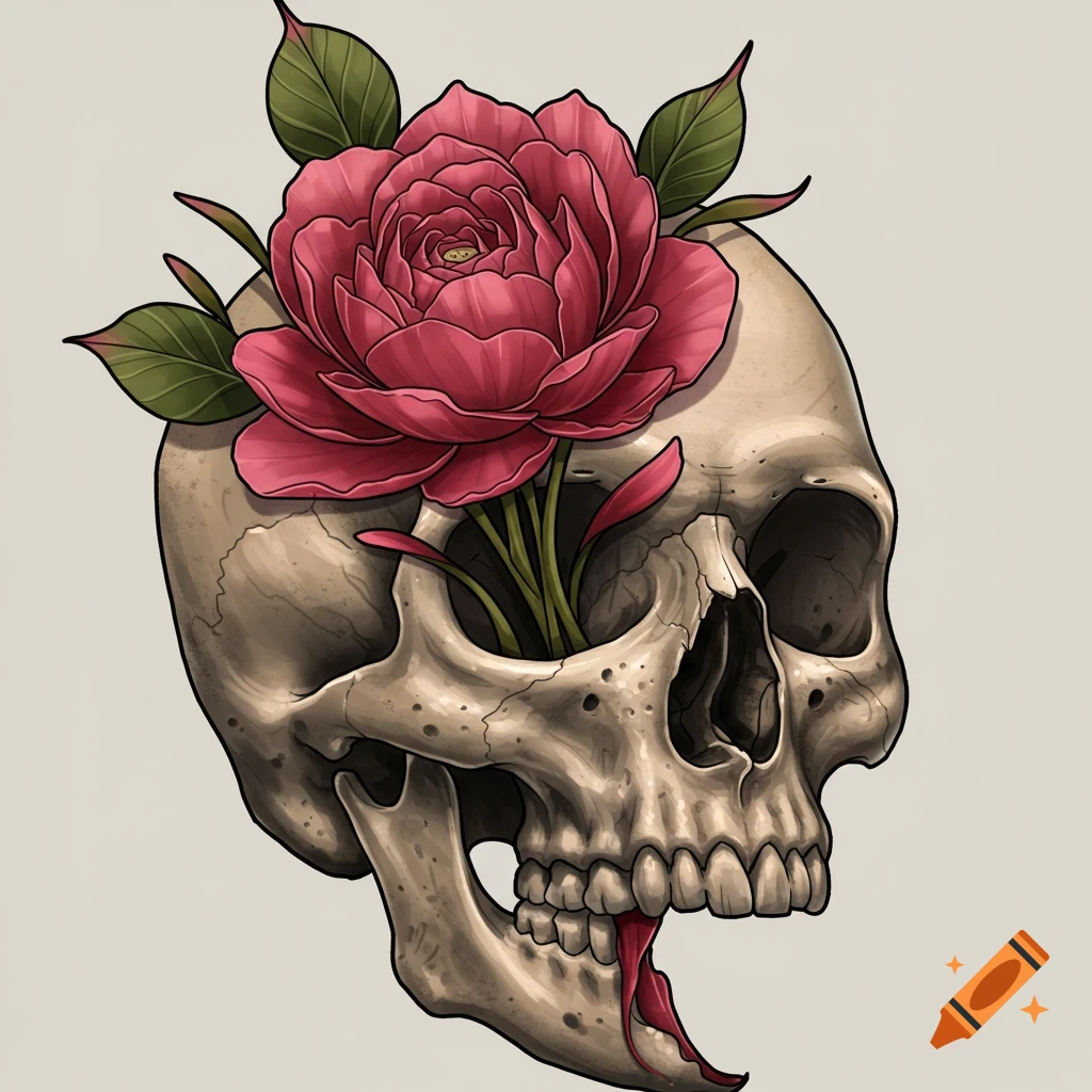 A skull with a pink rose blooming from its eye socket