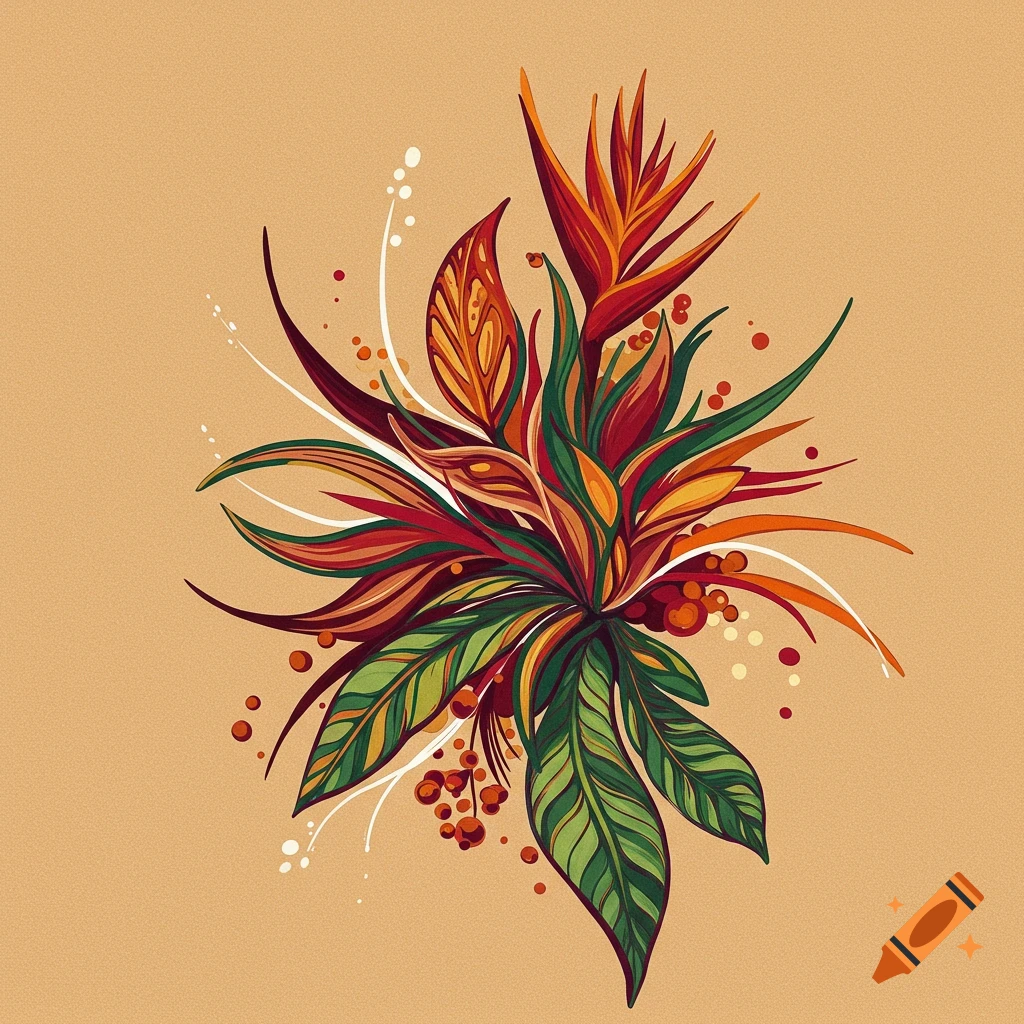 Stylized tropical plants and flowers on a light background