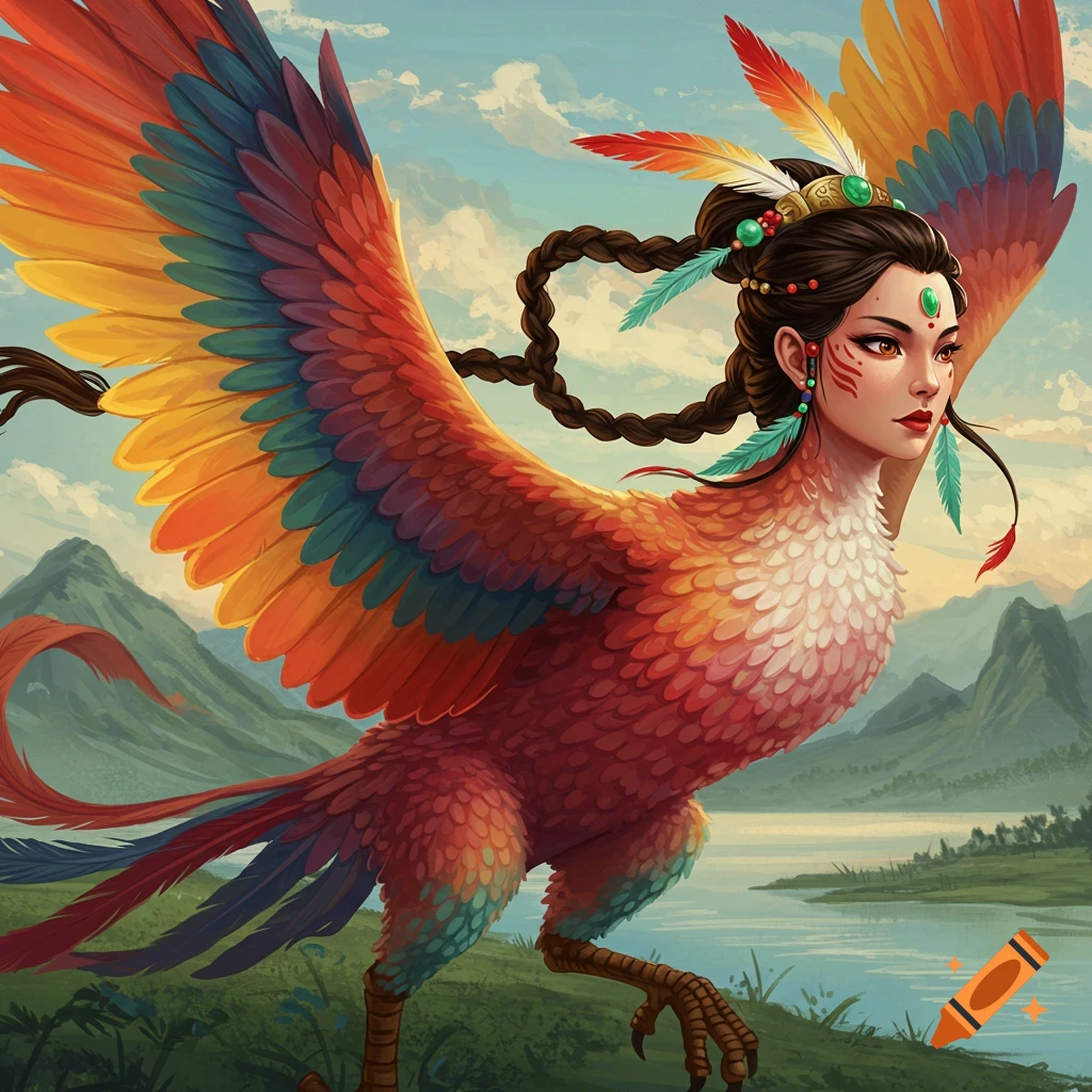 Jingwei, a mythical creature with colorful wings, human head, and bird body in a landscape.