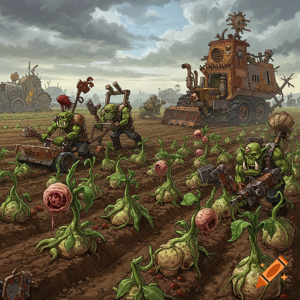 Warhammer orks farming strange plants with large, rusty machinery under a stormy sky.
